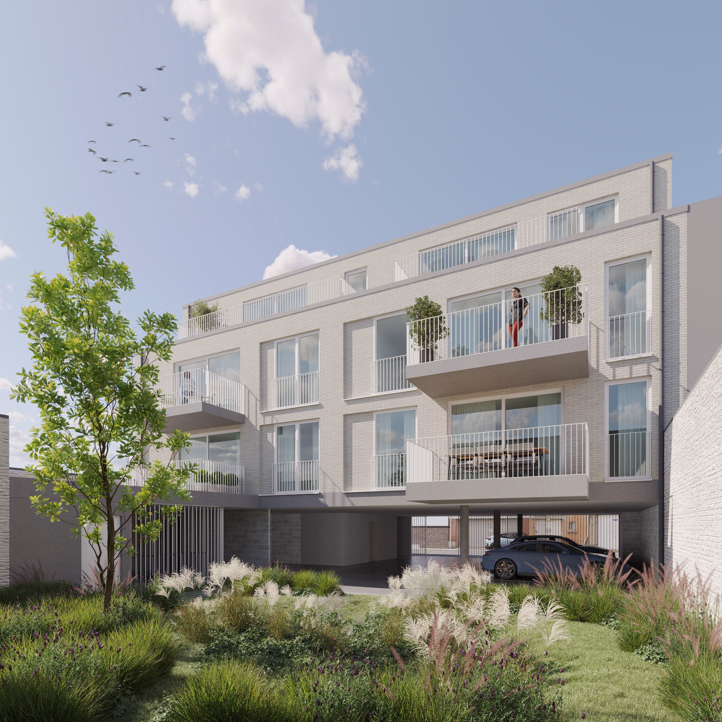 Achtergevel van Stadshof met de terrassen van de appartementen