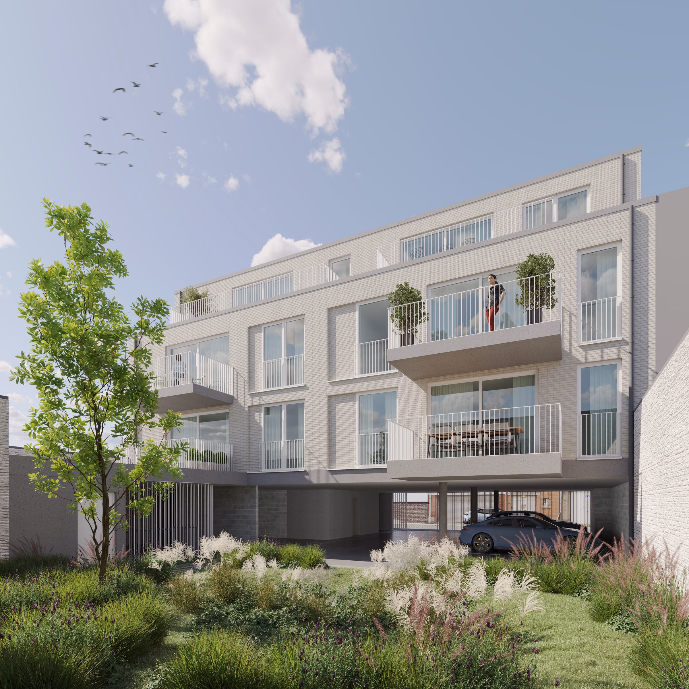 Achtergevel met de terrassen van de appartementen