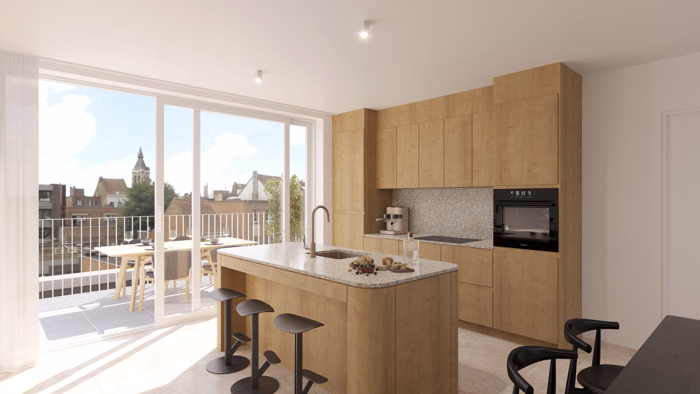Open keuken met houten kasten en eiland in een appartement van Stadshof