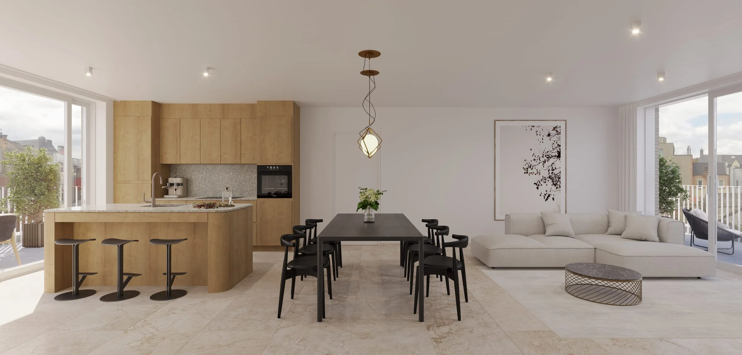 Leefruimte met open keuken en eettafel in een appartement van Stadshof