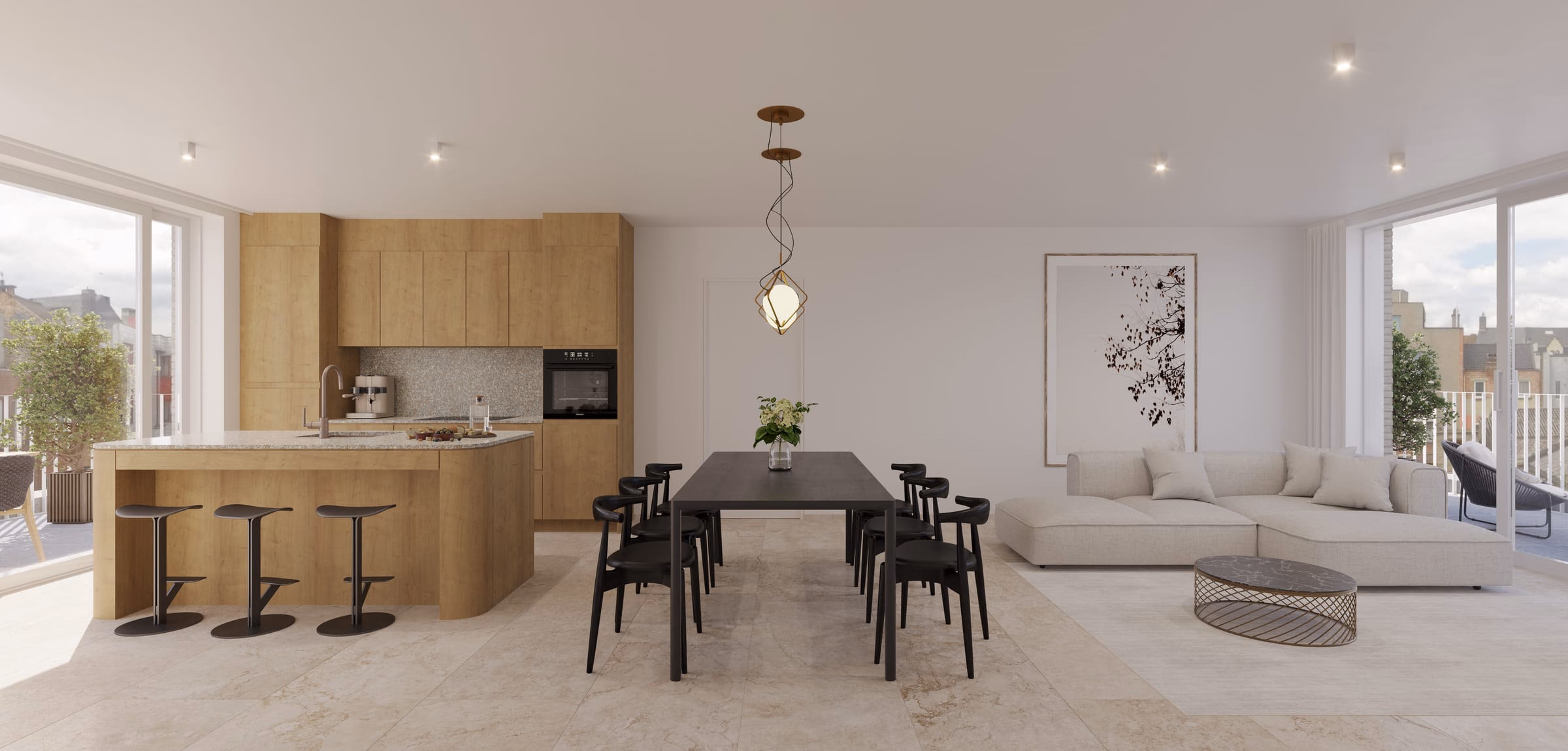 Leefruimte met open keuken en eettafel in een appartement