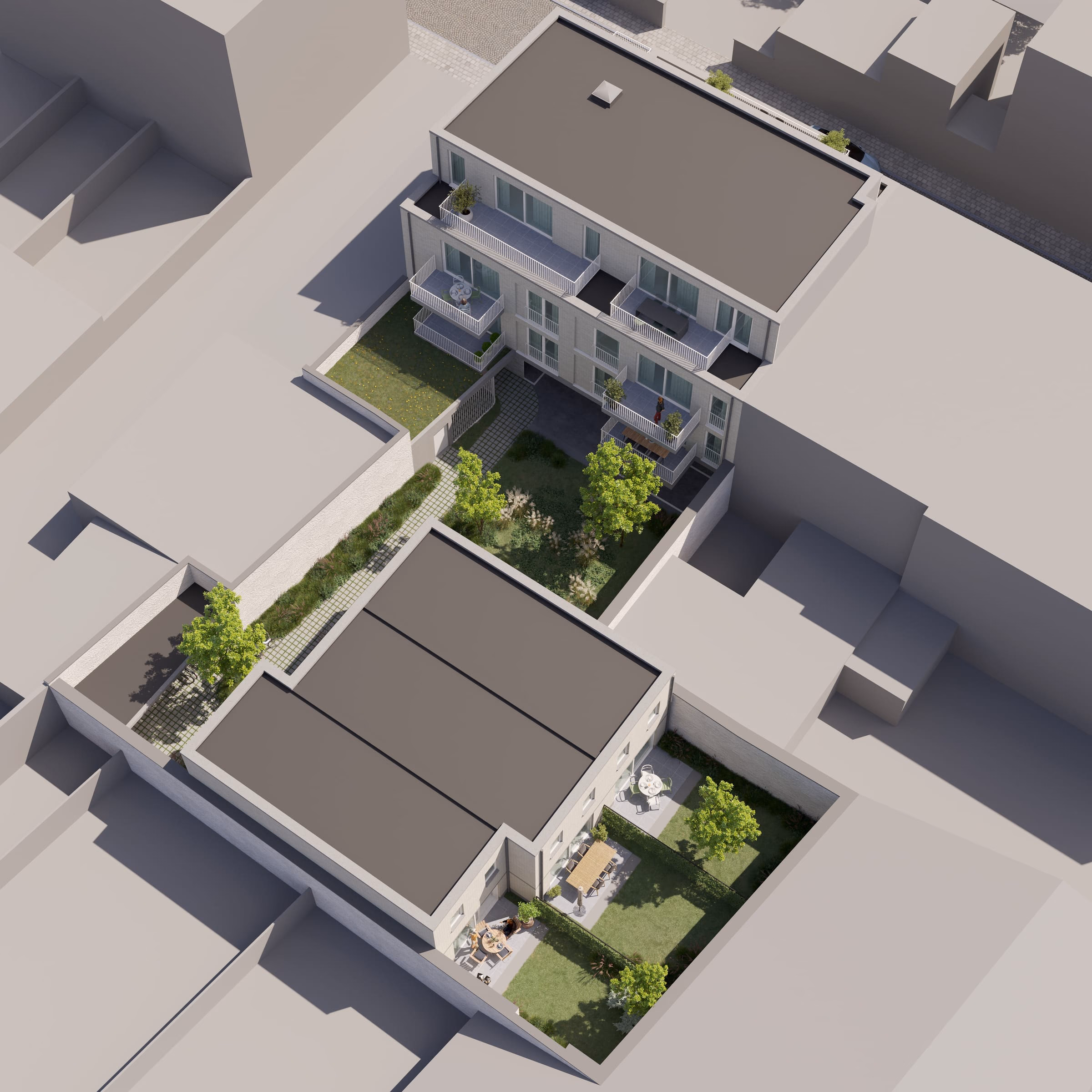 Luchtbeeld van Stadshof met de appartementen, de stadswoningen en de tuinen