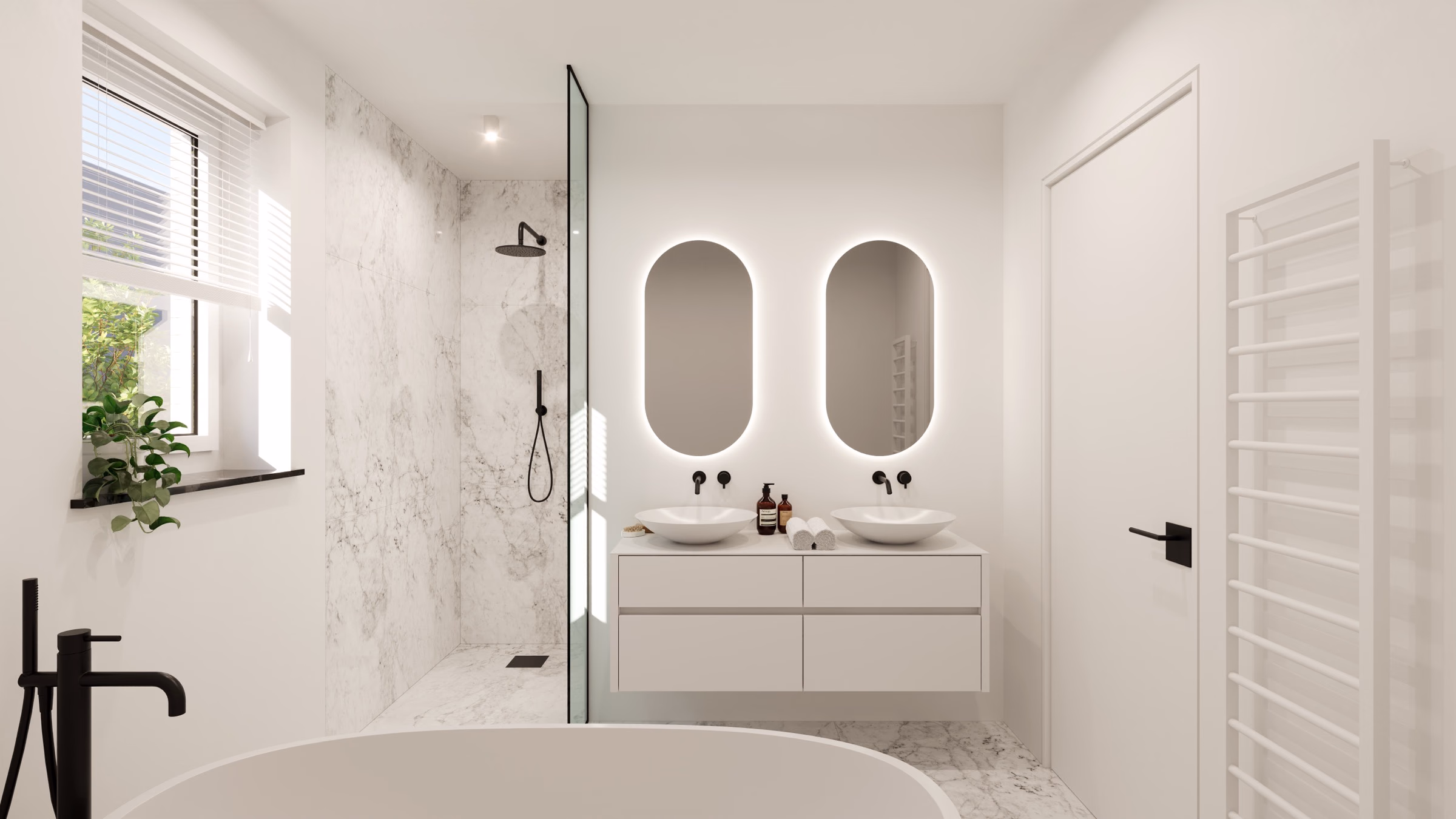 Badkamer met bad en dubbele lavabo in een stadswoning