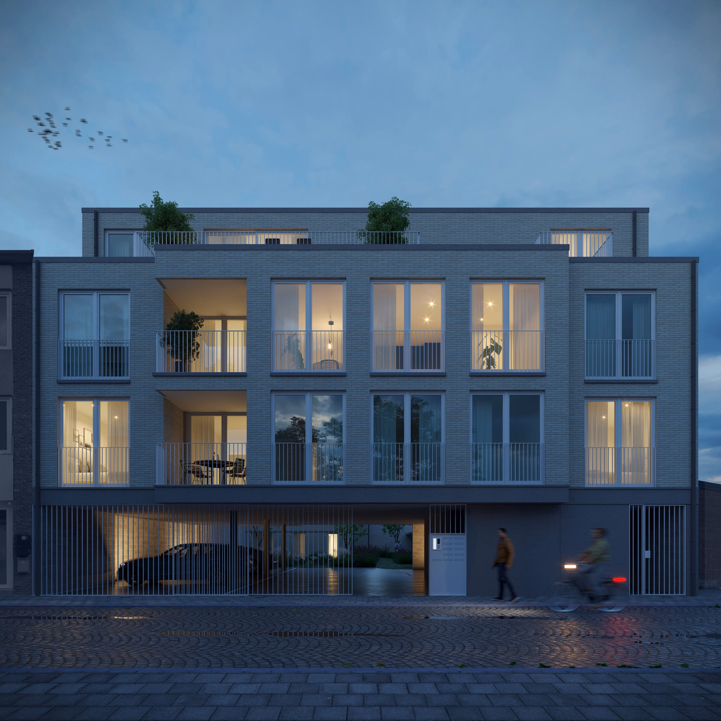 Stadshof in de Riddersstraat bij valavond