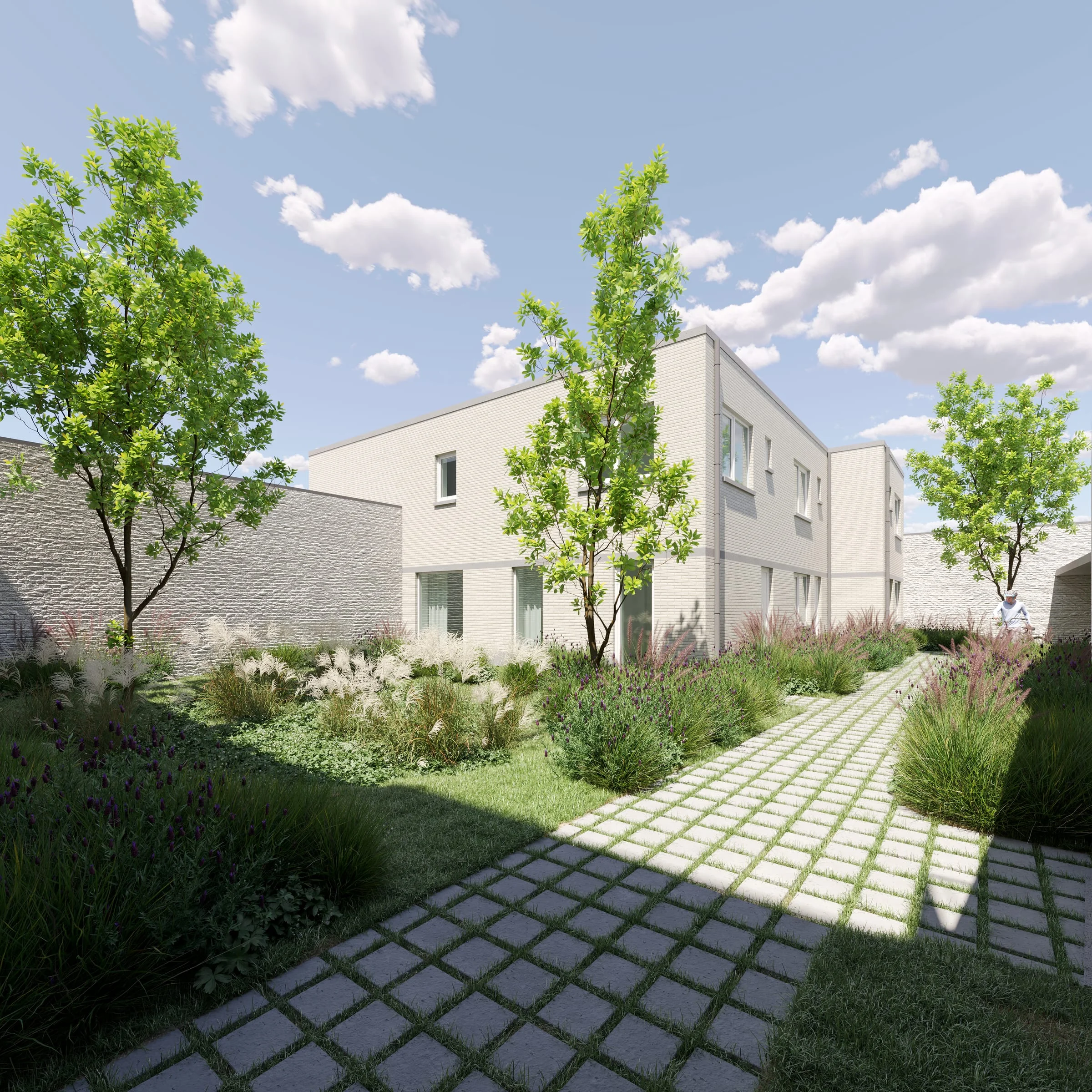 Wandelpad door de gemeenschappelijke tuin van Stadshof, met de stadswoningen